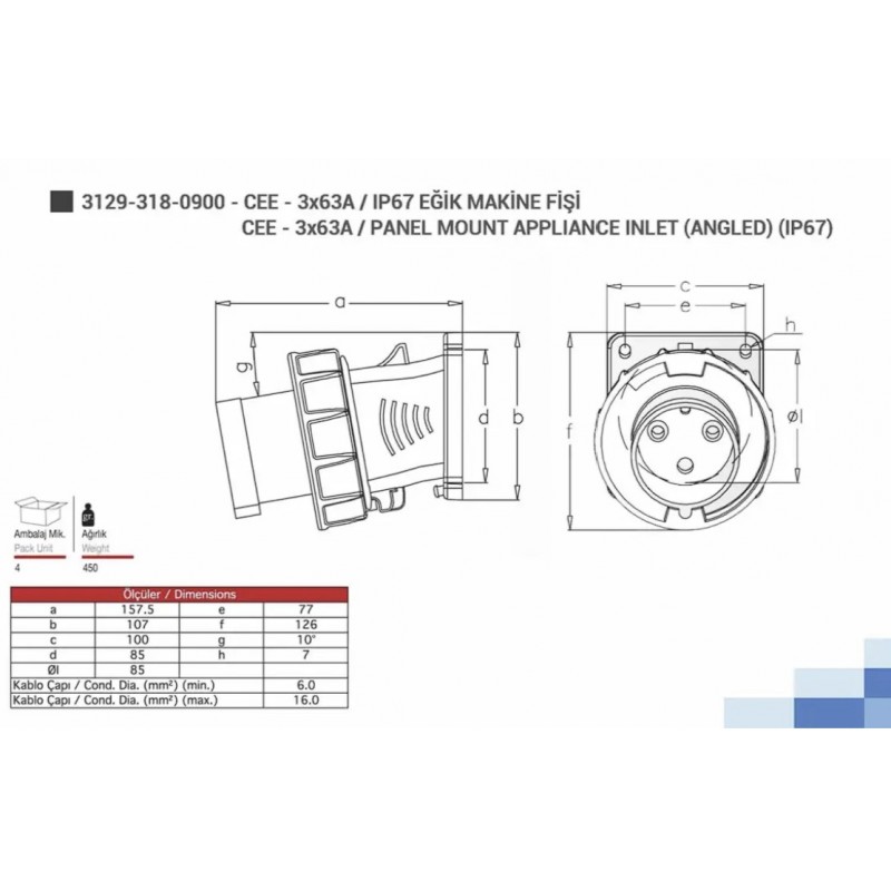 Силовая вилка фланцевая с наклоном, 63А, 2P+E, 200–250В AC, IP67, TP Electric (3129-318-0900)