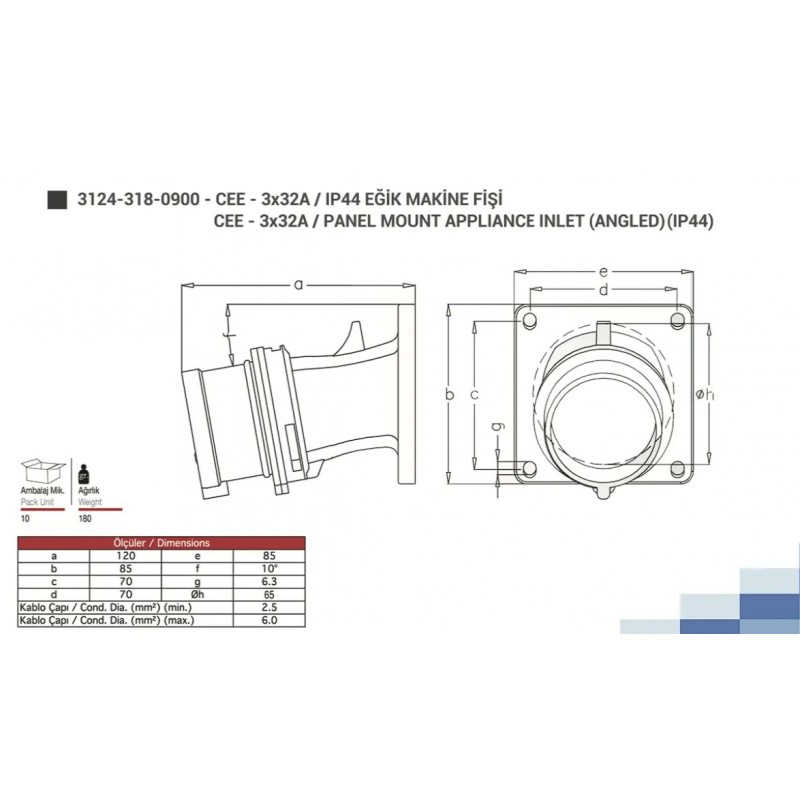 Силовая вилка фланцевая с наклоном, 32А, 2P+E, 200–250В AC, IP44, TP Electric (3124-318-0900)