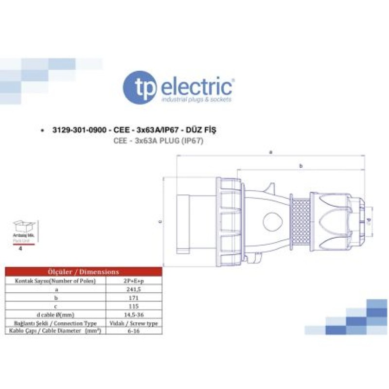 Силовая кабельная вилка 63А, 2P+E, 200–250В AC, IP67, TP Electric (3129-301-0900)
