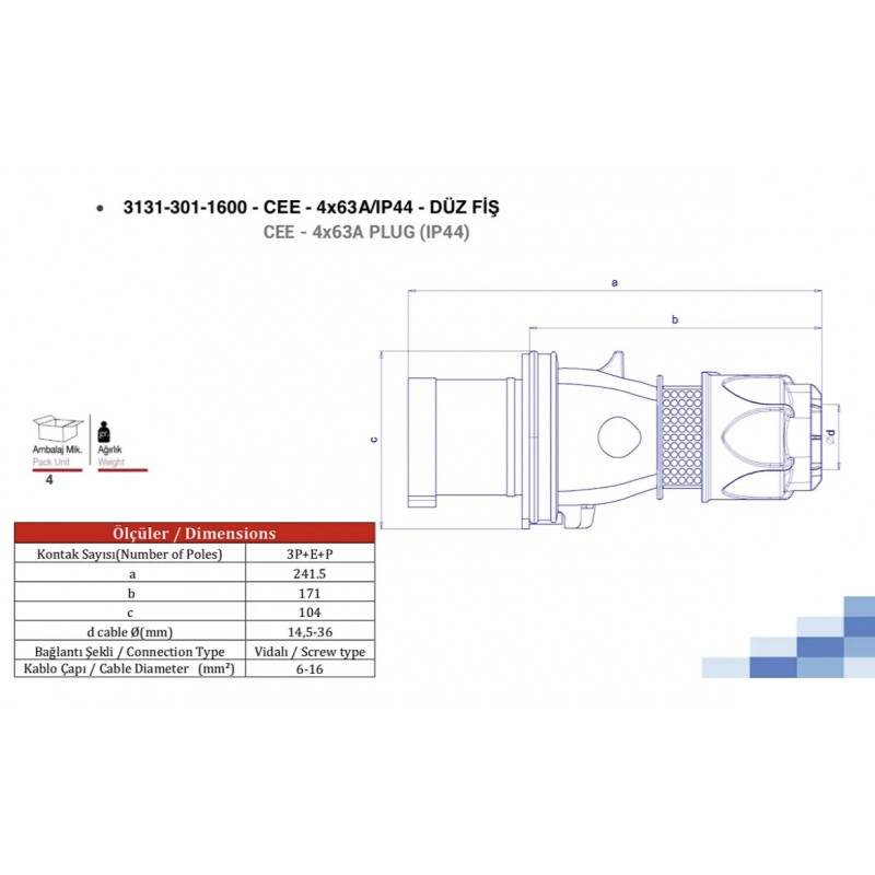Силовая вилка кабельная, 63А, 3P+E, 380–415В AC, IP44, TP Electric (3131-301-1600)