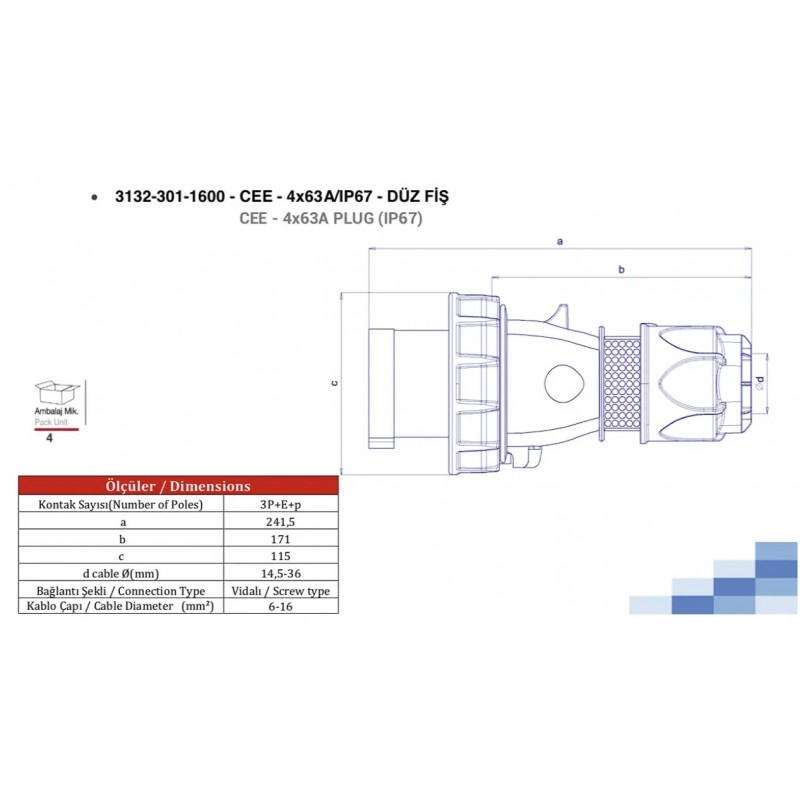 Силовая вилка кабельная, 63А, 3P+E, 380–415В AC, IP67, TP Electric (3132-301-1600)