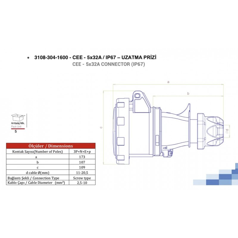 Силовая розетка кабельная, 32А, 3P+N+E, 380–415В AC, IP67, TP Electric (3108-304-1600)