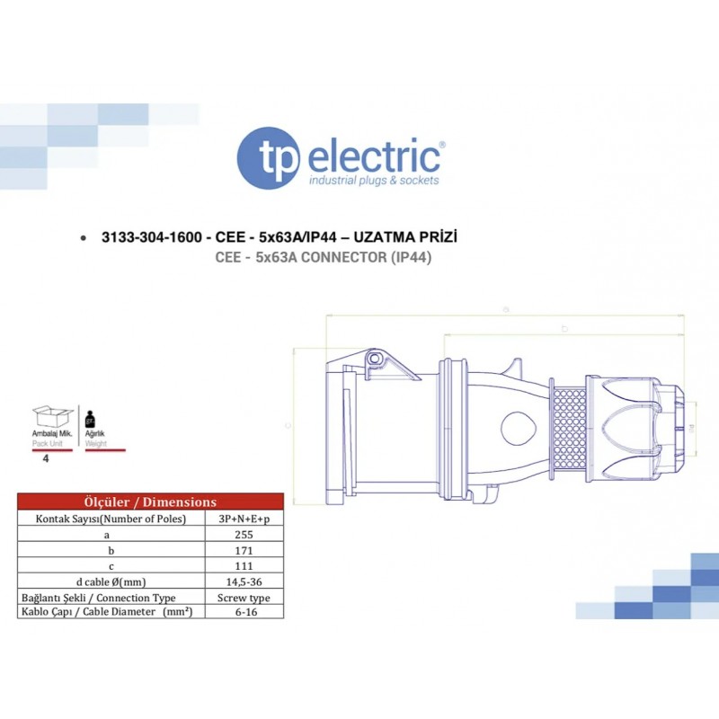Силовая розетка кабельная, 63А, 3P+N+E, 380–415В AC, IP44, TP Electric (3133-304-1600)
