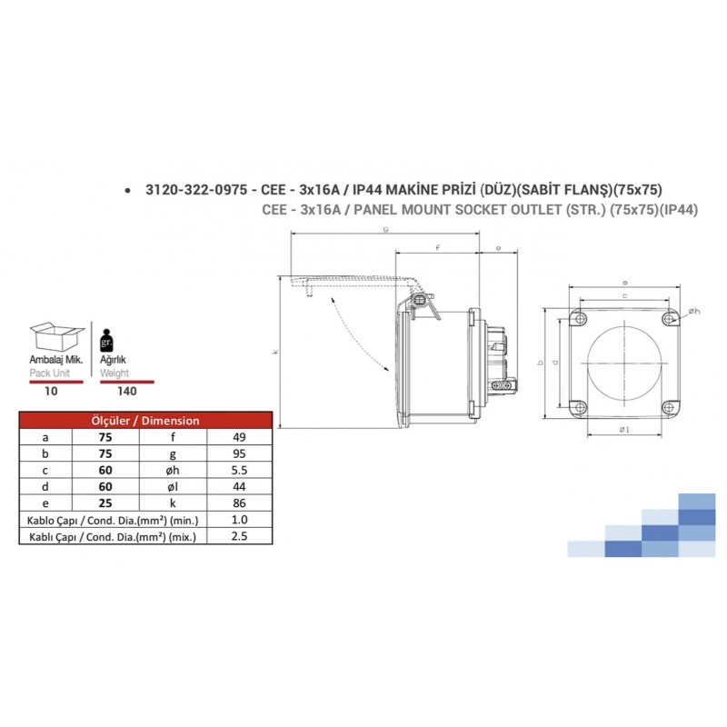 Силовая розетка фланцевая 75х75, 16А, 2P+E, 200–250В AC, IP44, TP Electric (3120-322-0975)