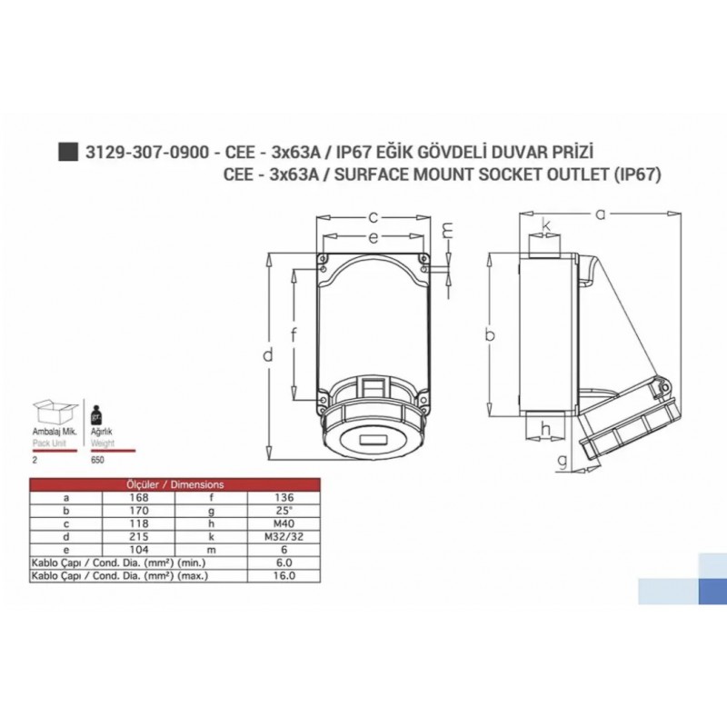 Силовая розетка накладная, 63А, 2P+E, 200–250В AC, IP67, TP Electric (3129-307-0900)