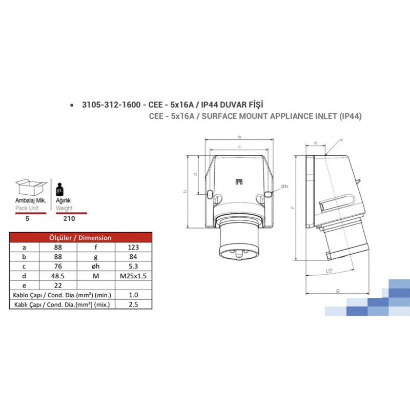 Силовая вилка накладная, 16А, 3P+N+E, 380–415В AC, IP44, TP Electric (3105-312-1600)