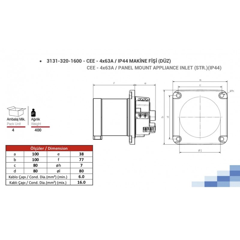 Силовая вилка фланцевая, 63А, 3P+E, 380–415В AC, IP44, TP Electric (3131-320-1600)