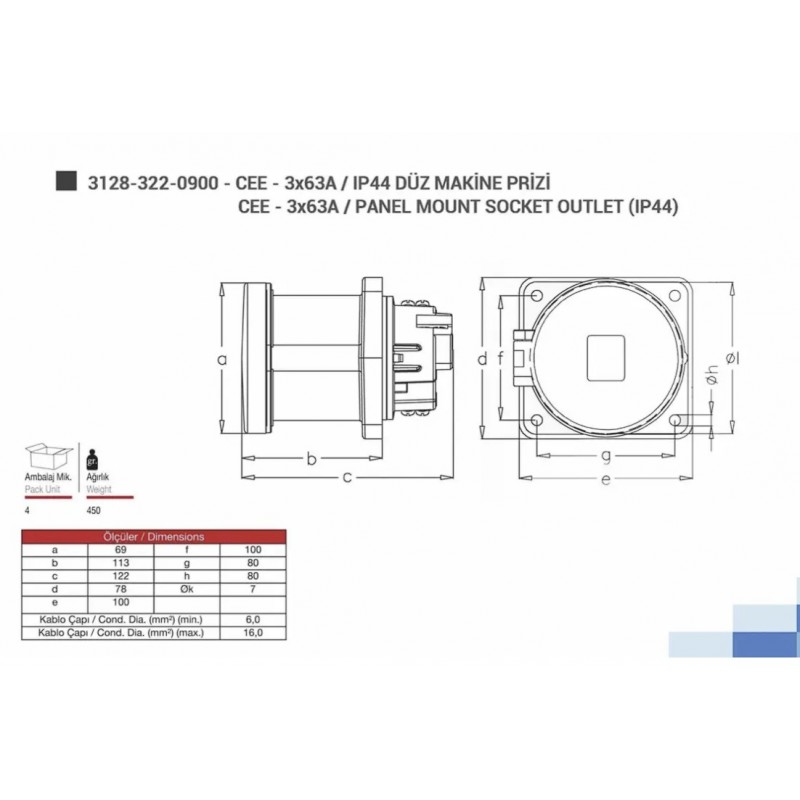 Силовая розетка фланцевая, 63А, 2P+E, 200–250В AC, IP44, TP Electric (3128-322-0900)