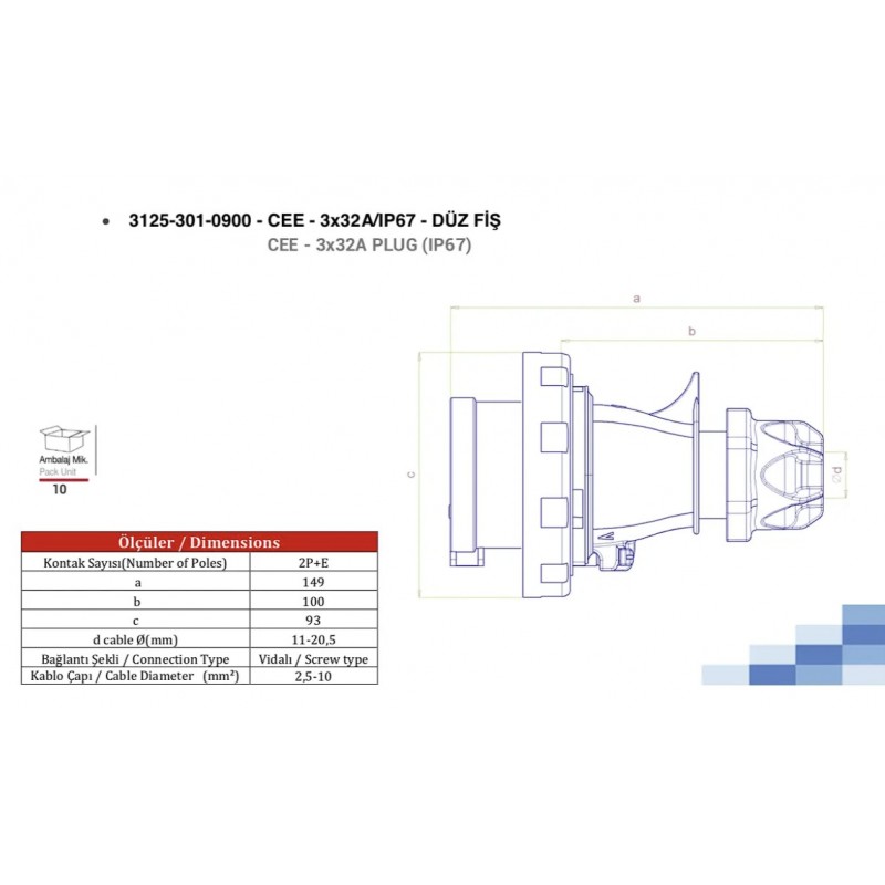 Силовая вилка кабельная, 32А, 2P+E, 200–250В AC, IP67, TP Electric (3125-301-0900)