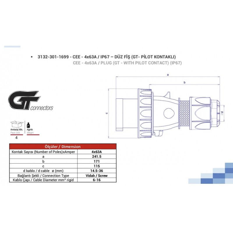 Силовая вилка кабельная GT, 63А, 3P+E, 380–415В AC, IP67, TP Electric (3132-301-1699)