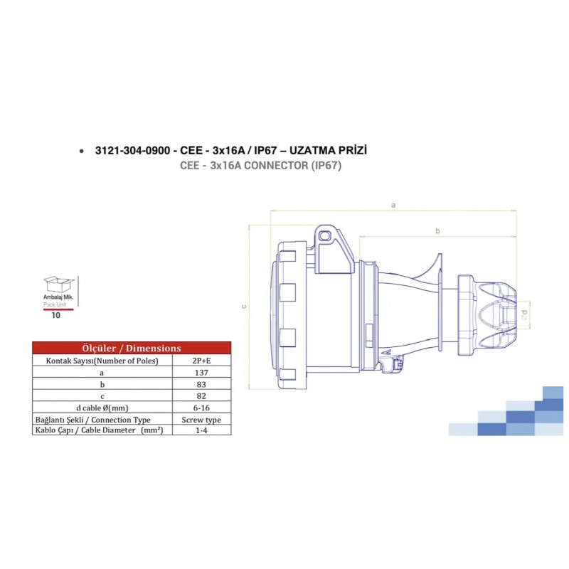 Силовая розетка кабельная, 16А, 2P+E, 200–250В AC, IP67, TP Electric (3121-304-0900)
