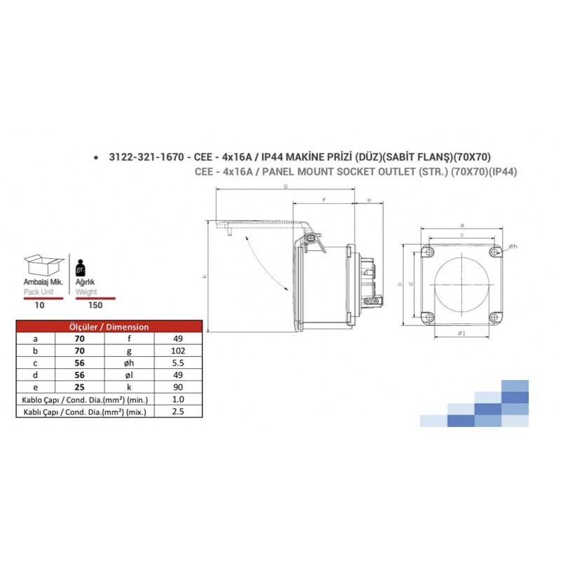 Силовая розетка фланцевая 70х70, 16А, 3P+E, 380–415В AC, IP44, TP Electric (3122-321-1670)