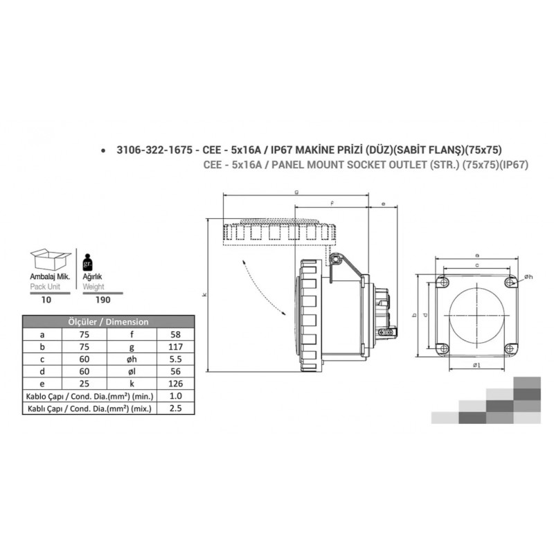 Силовая розетка фланцевая 75х75, 16А, 3P+N+E, 380–415В AC, IP67, TP Electric (3106-322-1675)