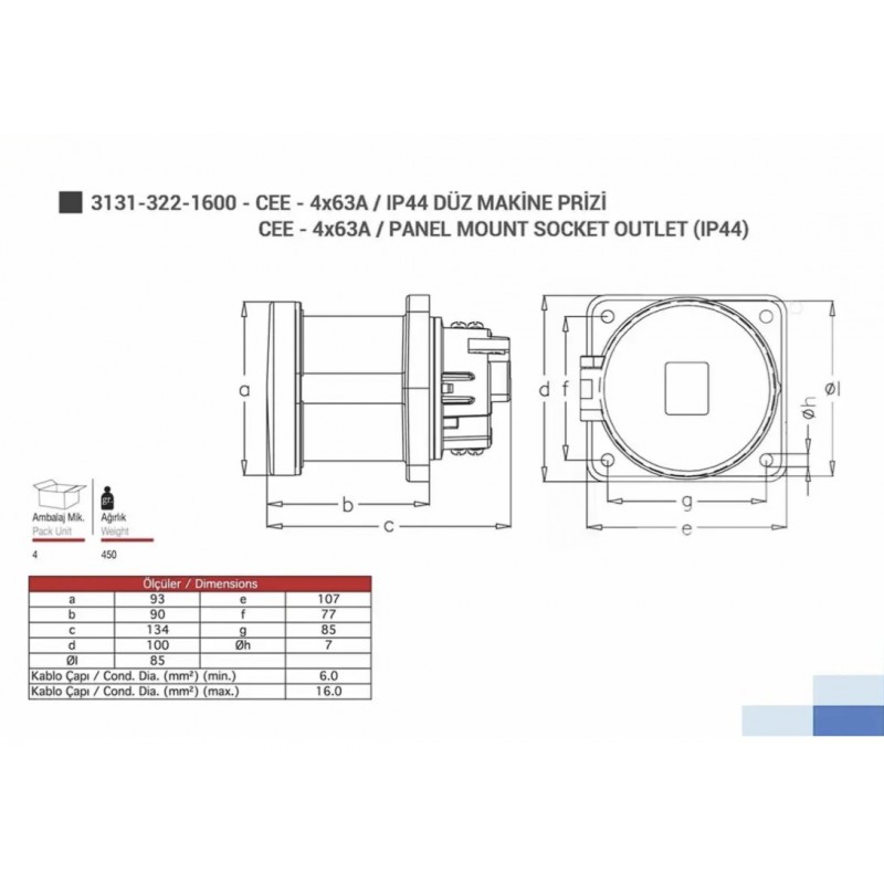 Силовая розетка фланцевая, 63А, 3P+E, 380–415В AC, IP44, TP Electric (3131-322-1600)