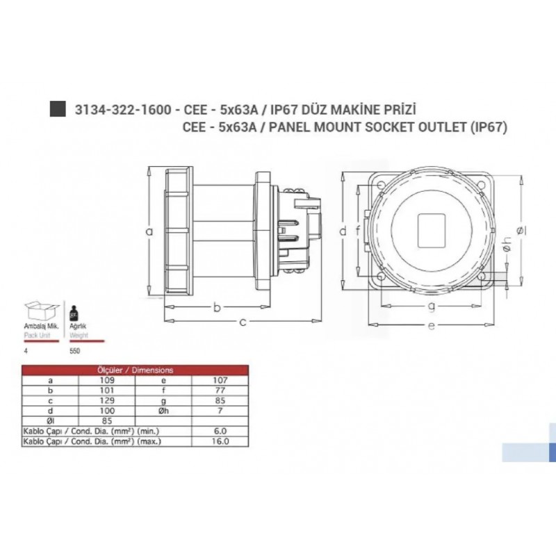 Силовая розетка фланцевая, 63А, 3P+N+E, 380–415В AC, IP67, TP Electric (3134-322-1600)