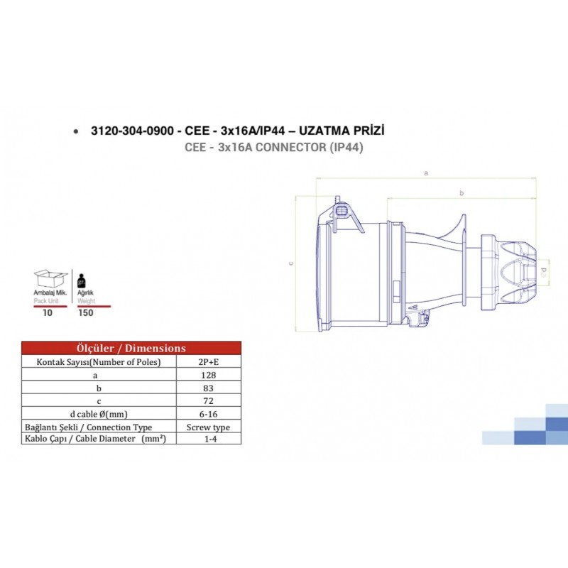 Силовая розетка кабельная, 16А, 2P+E, 200–250В AC, IP44, TP Electric (3120-304-0901)