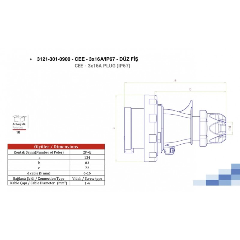 Силовая вилка кабельная, 16А, 2P+E, 200–250В AC, IP67, TP Electric (3121-301-0900)