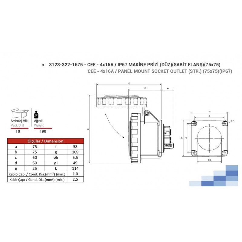 Силовая розетка фланцевая 75х75, 16А, 3P+E, 380–415В AC, IP67, TP Electric (3123-322-1675)