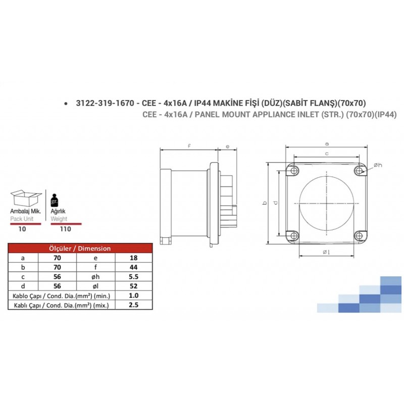 Силовая вилка фланцевая 70х70, 16А, 3P+E, 380–415В AC, IP44, TP Electric (3122-319-1670)