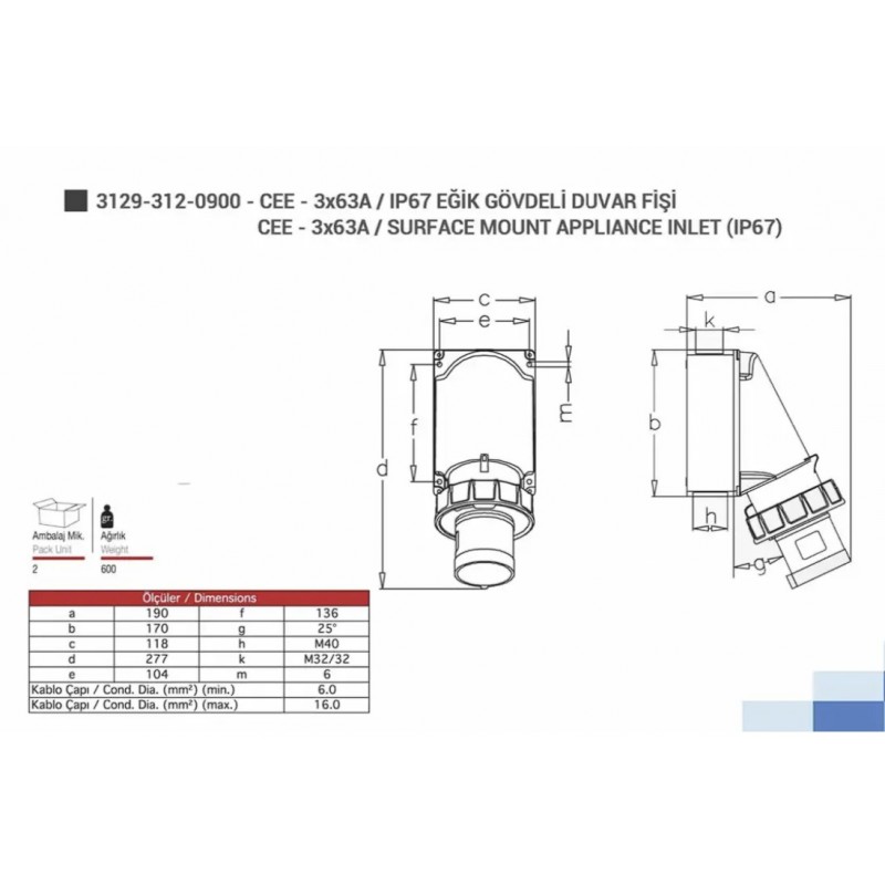 Силовая вилка накладная, 63А, 2P+E, 200–250В AC, IP67, TP Electric (3129-312-0900)
