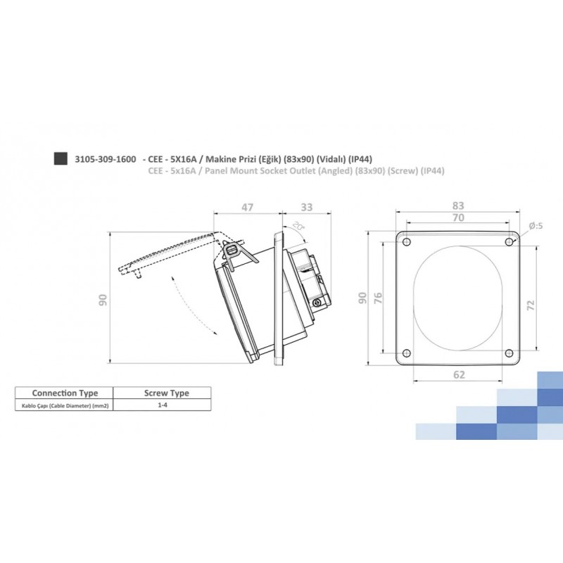 Силовая розетка фланцевая с наклоном, 16А, 3P+N+E, 380–415В AC, IP44, TP Electric (3105-309-1600)