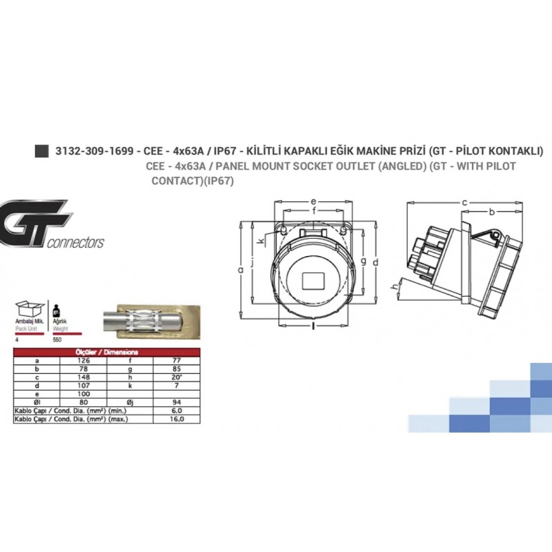 Силовая розетка фланцевая с наклоном GT, 63А, 3P+E, 380–415В AC, IP67, TP Electric (3132-309-1699)
