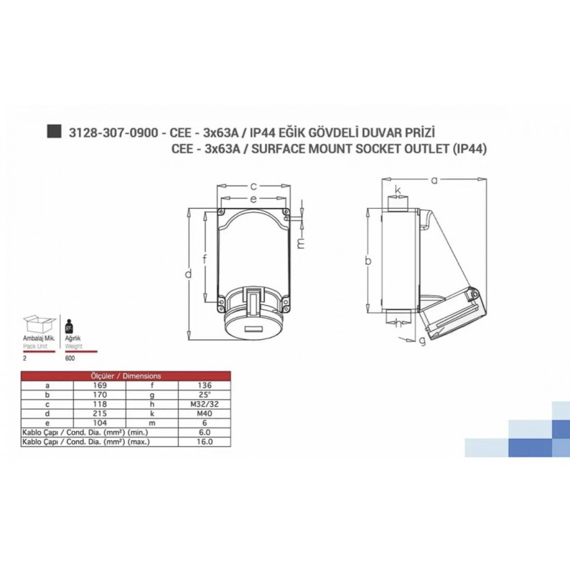 Силовая розетка накладная, 63А, 2P+E, 200–250В AC, IP44, TP Electric (3128-307-0900)