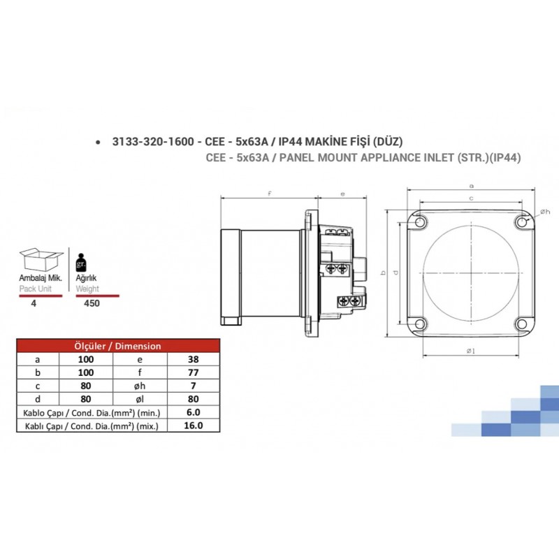 Силовая вилка фланцевая, 63А, 3P+N+E, 380–415В AC, IP44, TP Electric (3133-320-1600)