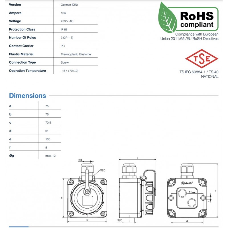 Розетка накладная SCHUKO 2P+E, 16А, 200-250В AC, IP68, TP Electric (3101-380-0900)