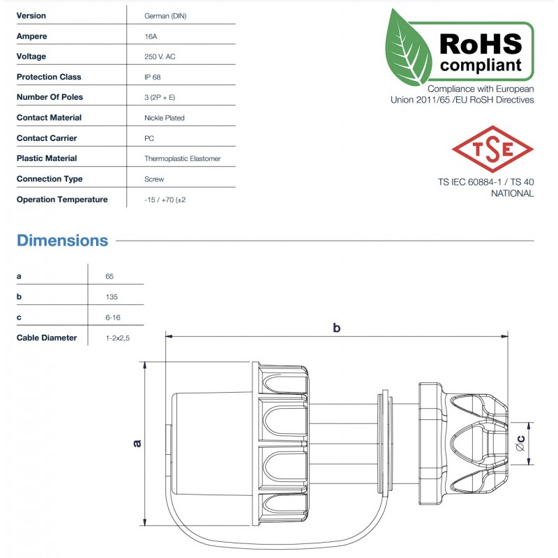 Кабельная вилка SCHUKO 2P+E, 16А, 200-250В AC, IP68, TP Electric (3101-365-0900)