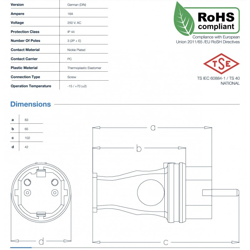 Кабельная вилка SCHUKO 2P+E, 16А, 250В AC, IP54, черный, TP Electric (3101-301-0300)