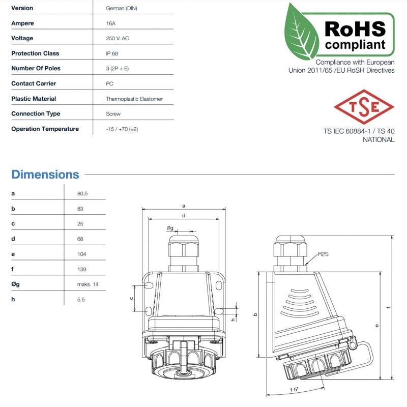 Розетка настенная SCHUKO 2P+E, 16А, 200-250В AC, IP68, TP Electric (3101-385-0900)