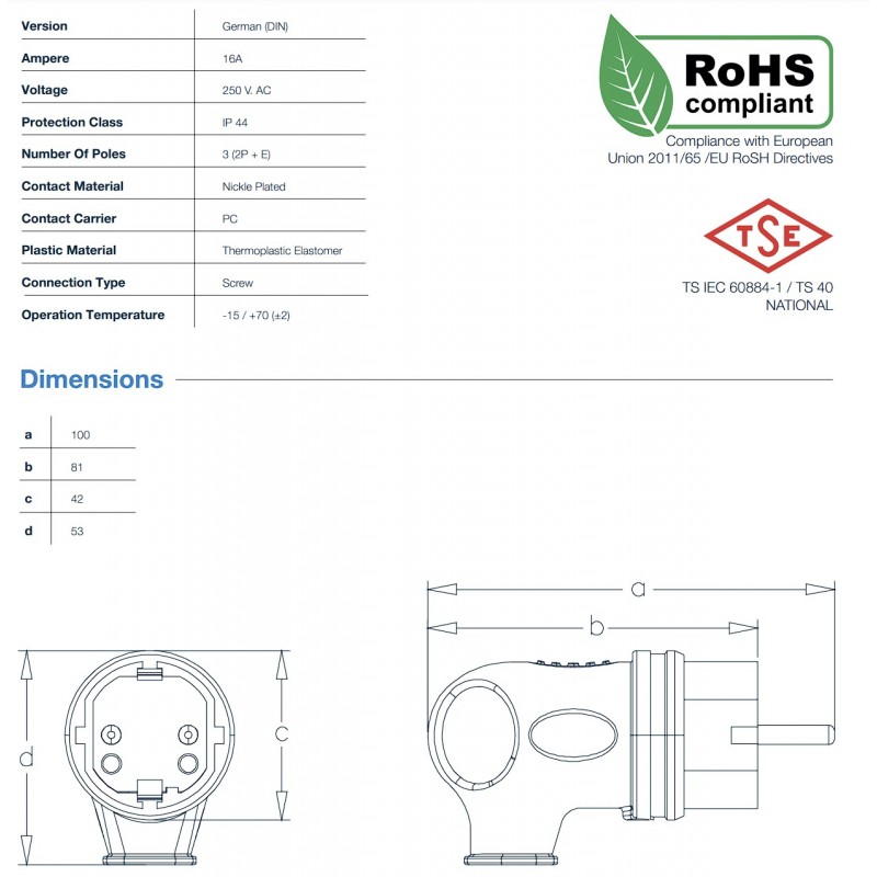 Кабельная вилка угловая SCHUKO 2P+E, 16А, 250В AC, IP44, черный, TP Electric (3101-302-0300)