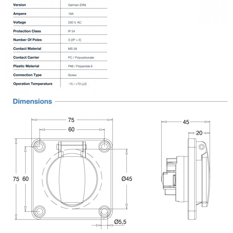 Розетка врезная фланцевая SCHUKO 2P+E, 16А, 250В AC, IP54, синий, 75×75, TP Electric (3101-309-0900)