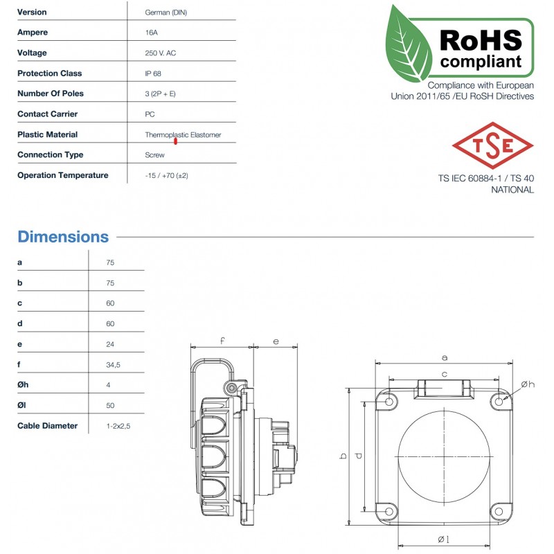 Розетка фланцевая SCHUKO 2P+E, 16А, 200-250В AC, IP68, TP Electric (3101-375-0900)