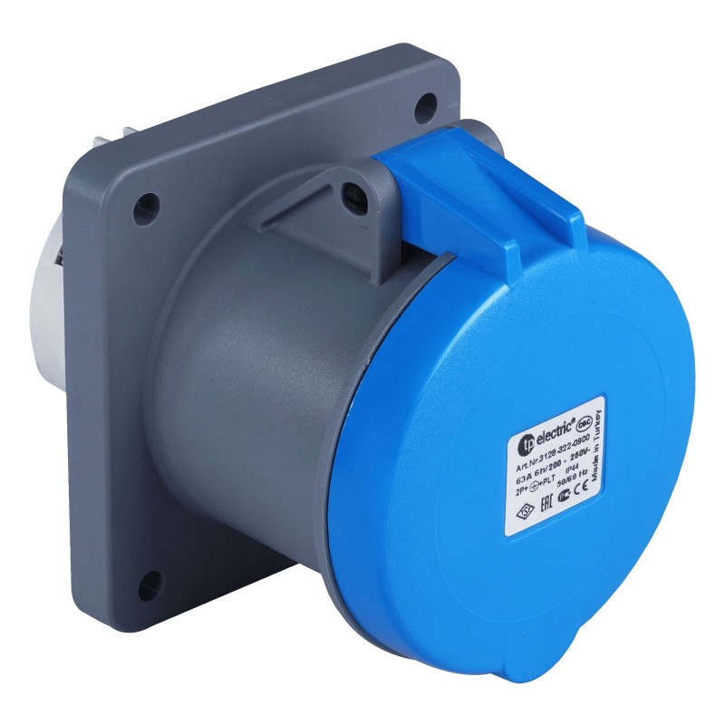 Силовая розетка фланцевая, 63А, 2P+E, 200–250В AC, IP44, TP Electric (3128-322-0900)