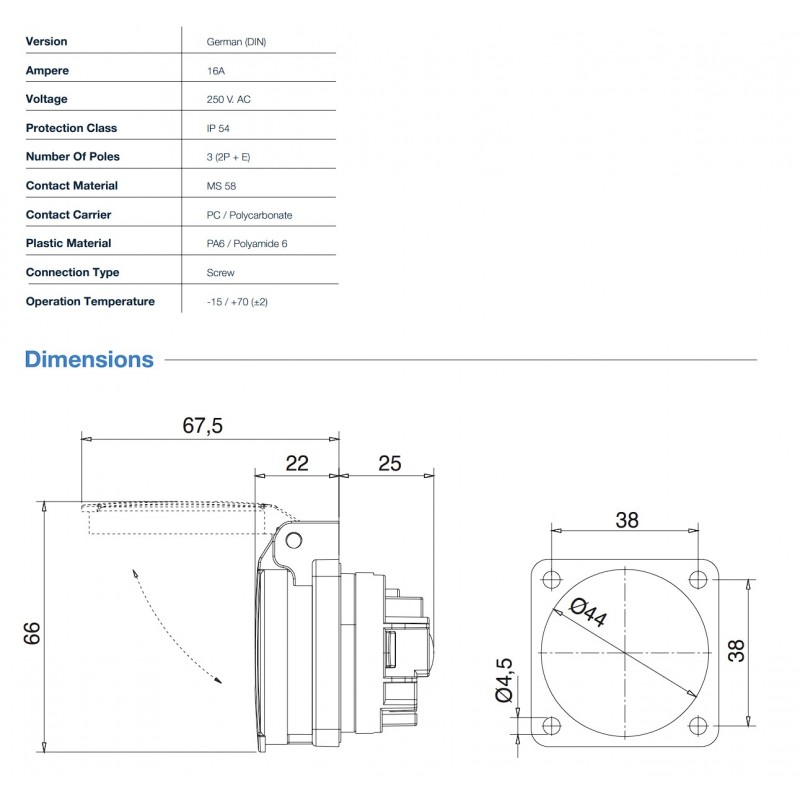 Розетка врезная фланцевая SCHUKO 2P+E, 16А, 250В AC, IP54, синий, 50×50, TP Electric (3101-310-0900)