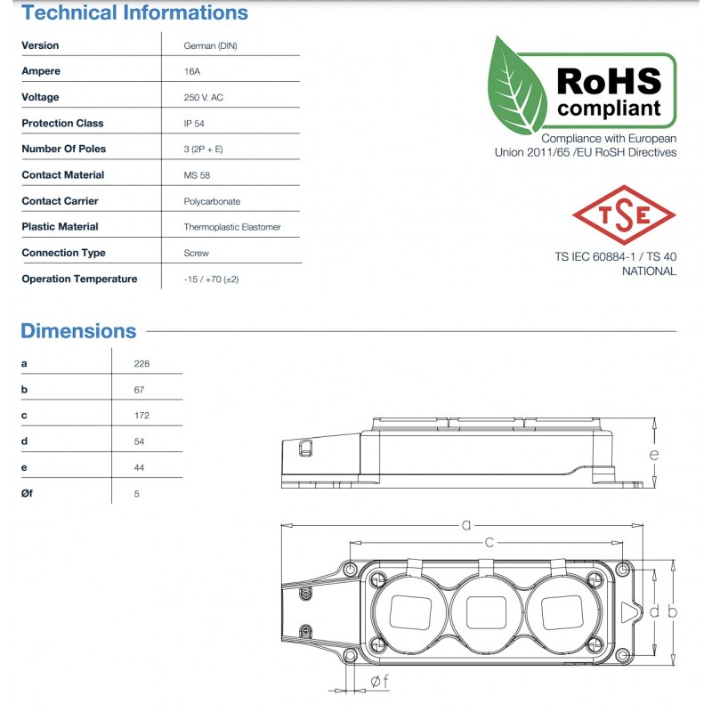 Тройная розетка SCHUKO 2P+E, 250В AC, 16А, IP44, черный, TP Electric (3101-308-0300)