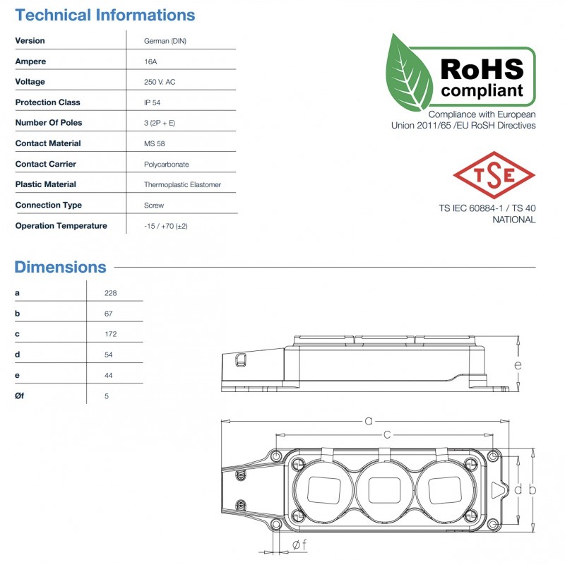 Тройная розетка SCHUKO 2P+E, 250В AC, 16А, IP44, красный, TP Electric (3101-308-1600)