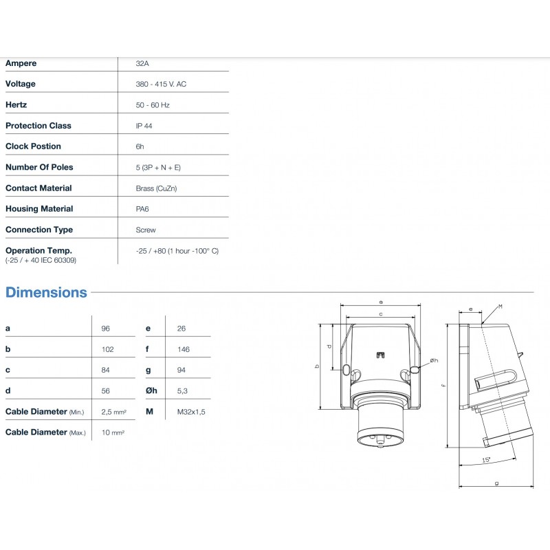Силовая вилка накладная, 32А, 3P+N+E, 380–415В AC, IP44, TP Electric (3107-312-1600)