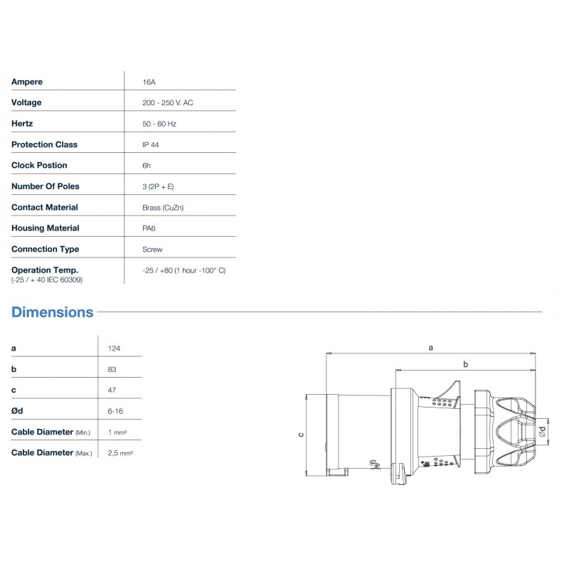 Силовая вилка кабельная, 16А, 2P+E, 200–250В AC, IP44, TP Electric (3120-301-0901)