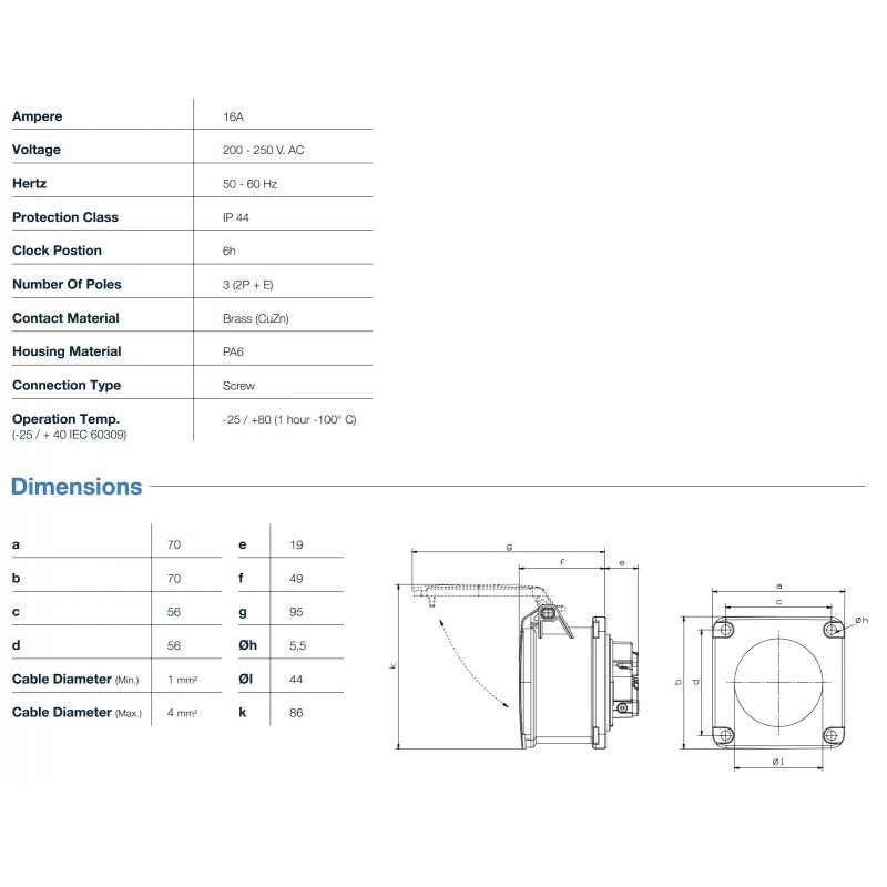 Силовая розетка фланцевая 70х70, 16А, 2P+E, 200–250В AC, IP44, TP Electric (3120-321-0970)
