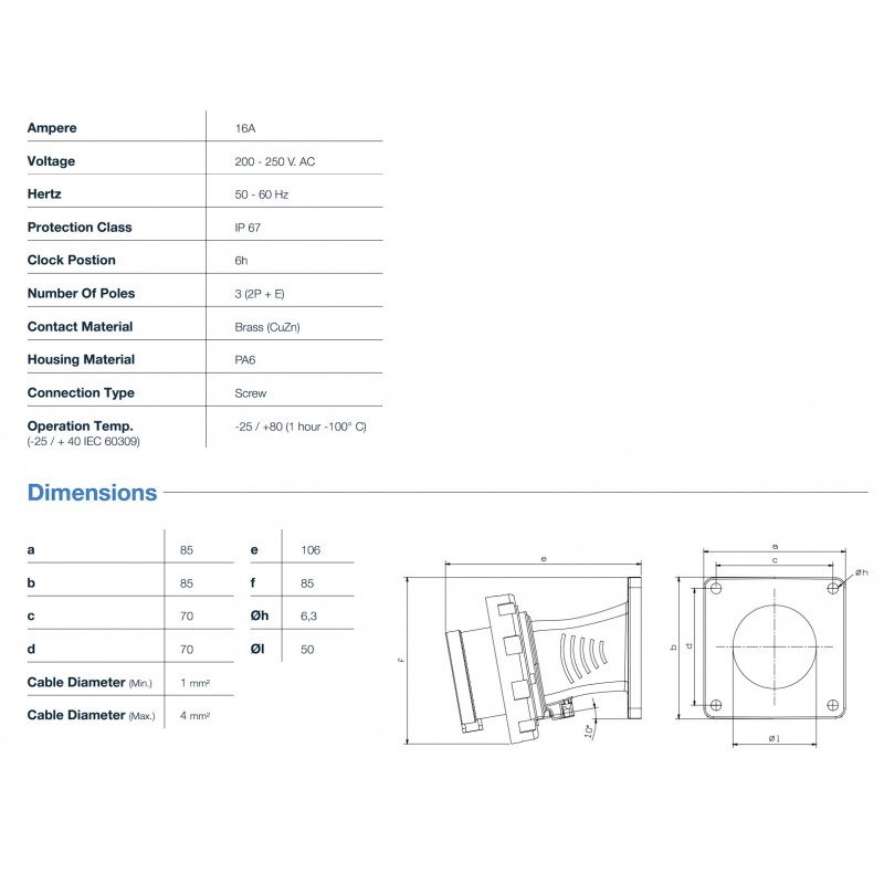 Силовая вилка фланцевая с наклоном, 16А, 2P+E, 200–250В AC, IP67, TP Electric (3121-318-0900)