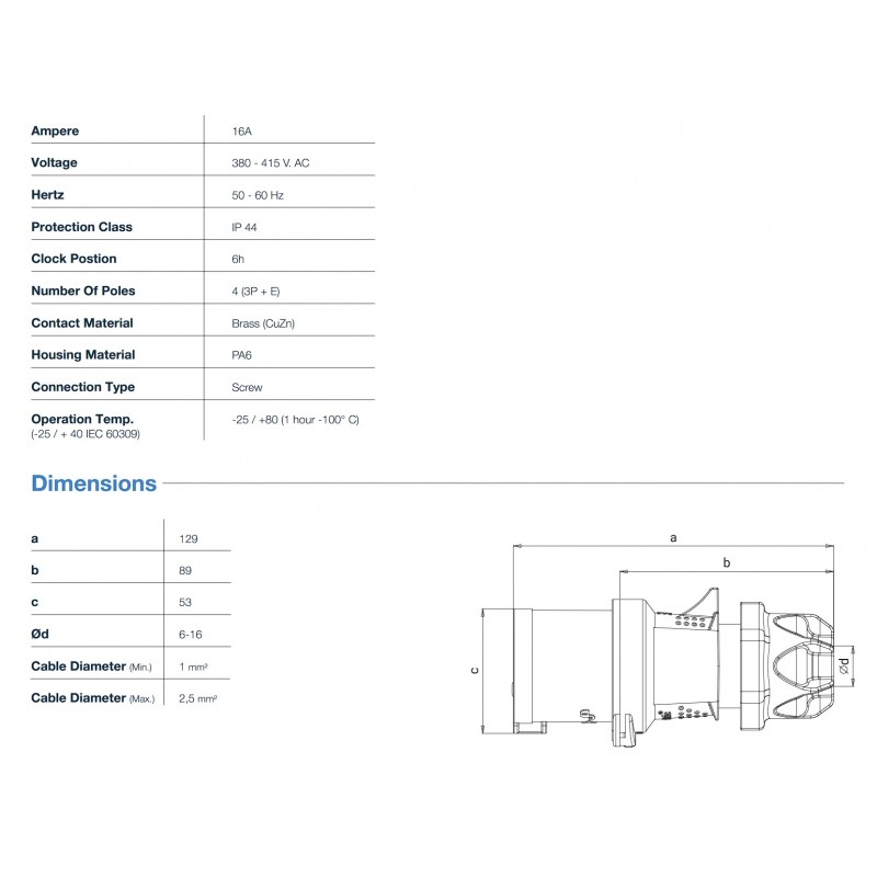 Силовая вилка кабельная, 16А, 3P+E, 380–415В AC, IP44, TP Electric (3122-301-1601)