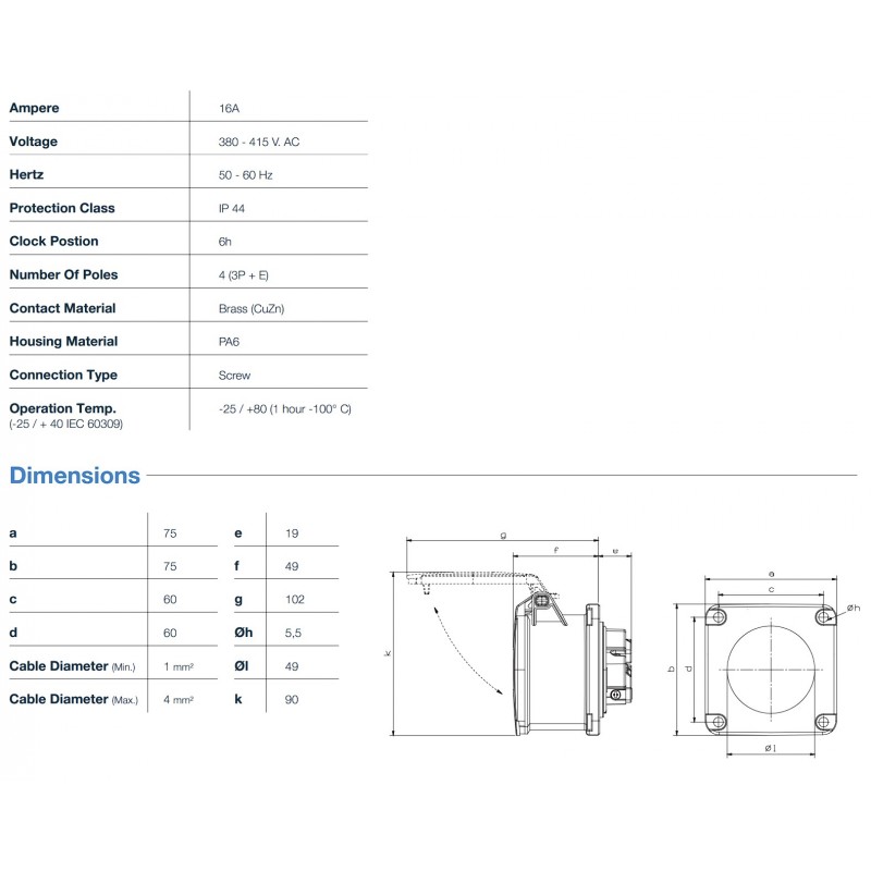 Силовая розетка фланцевая 75х75, 16А, 3P+E, 380–415В AC, IP44, TP Electric (3122-322-1675)