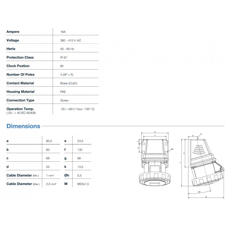 Силовая розетка накладная, 16А, 3P+E, 380–415В AC, IP67, TP Electric (3123-307-1600)