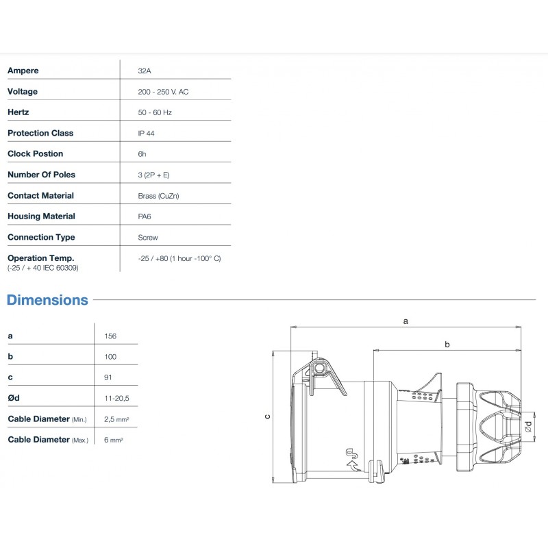 Силовая розетка кабельная, 32А, 2P+E, 200–250В AC, IP44, TP Electric (3124-304-0901)