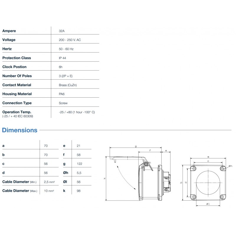 Силовая розетка фланцевая 70х70, 32А, 2P+E, 200–250В AC, IP44, TP Electric (3124-321-0970)