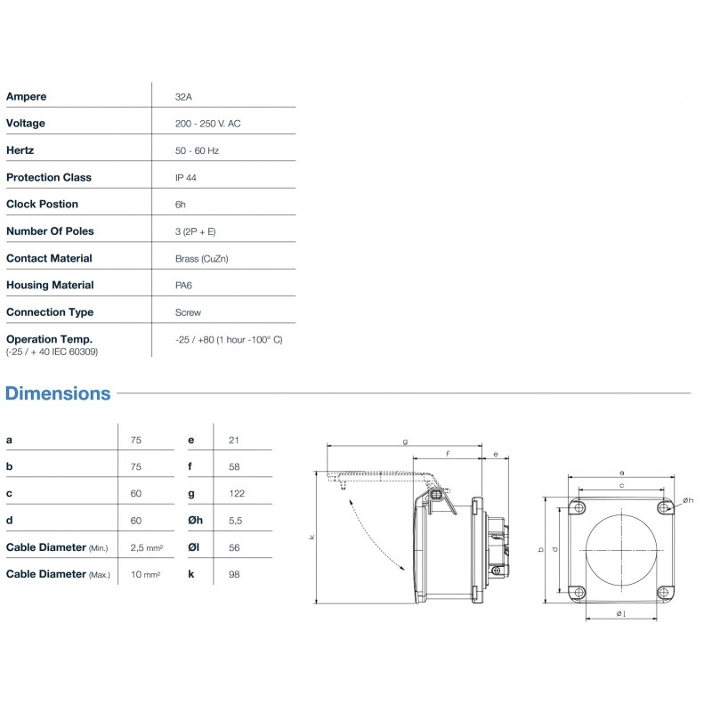 Силовая розетка фланцевая 75х75, 32А, 2P+E, 200–250В AC, IP44, TP Electric (3124-322-0975)