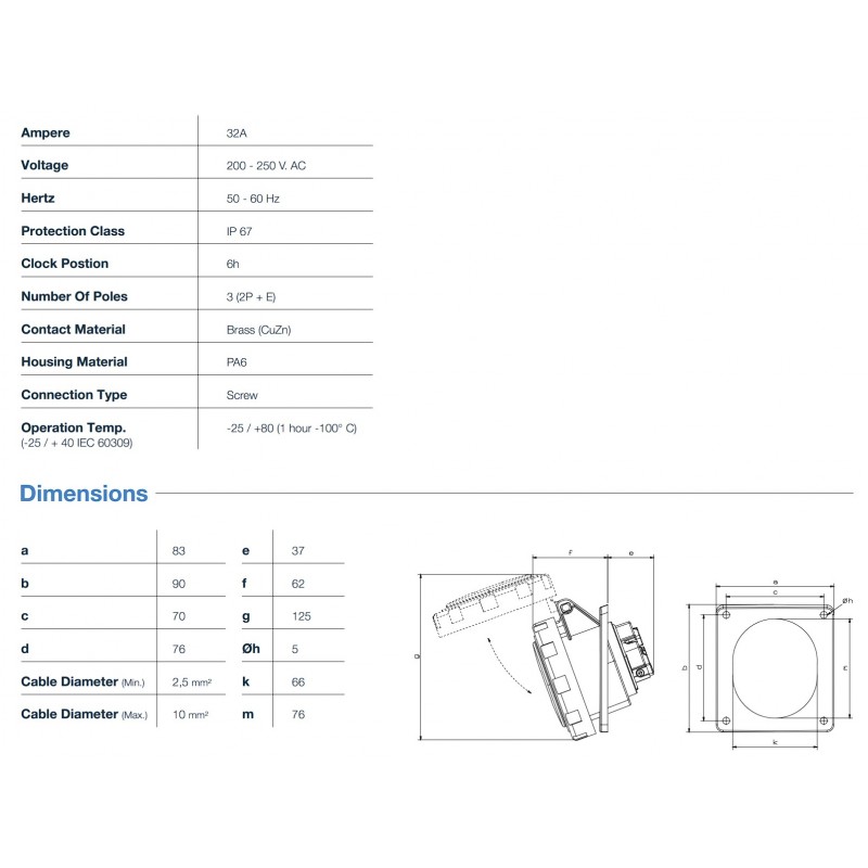 Силовая розетка фланцевая с наклоном, 32А, 2P+E, 200–250В AC, IP67, TP Electric (3125-309-0900)